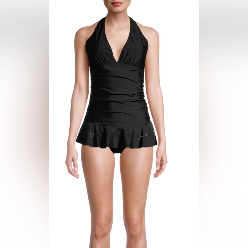 Nicole Miller Halter Swim Dress Laser Cut-Out Ruched Black Swimsuit Sz Lg. NWT